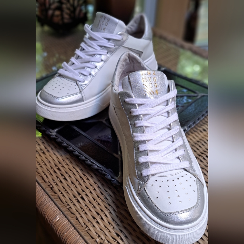 Miz Mooz New York City Stylish White and Silver Tristin Sneakers.
